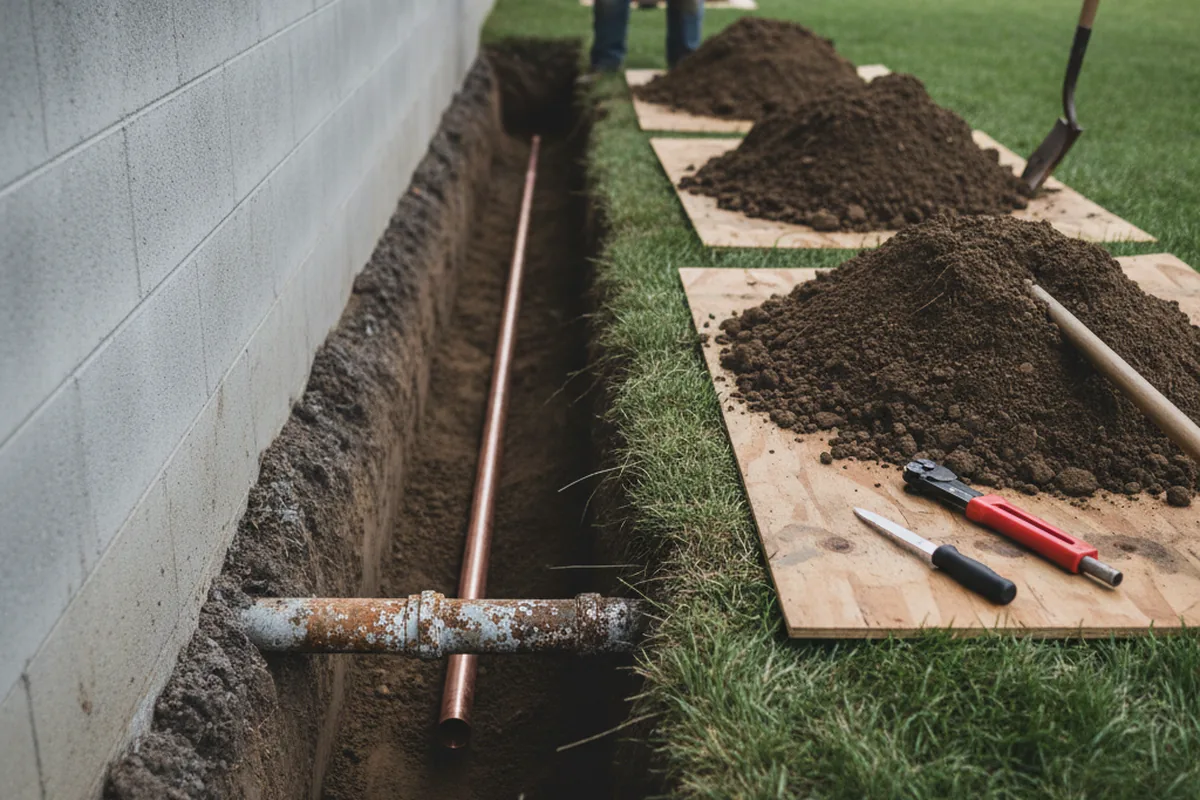 Excavated water line trench during Water Heater Repair in Fiskeville